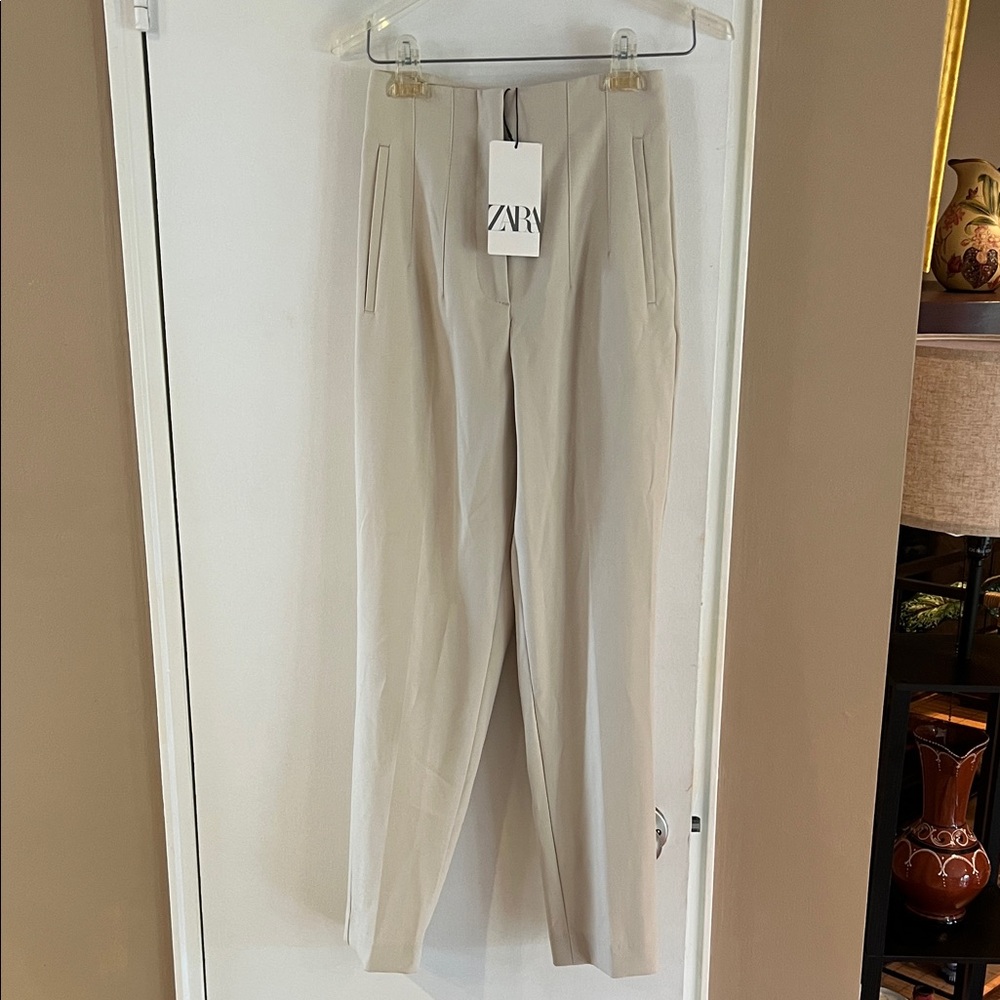 Zara Slim Tapered Pleated Pants Beige